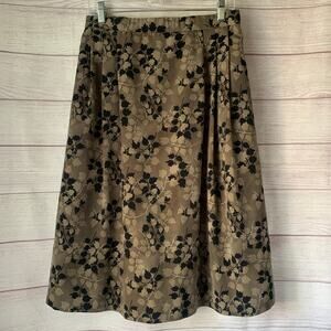 Vintage Taupe Black Leaf Motif A-Line Skirt Midi Size 14/16